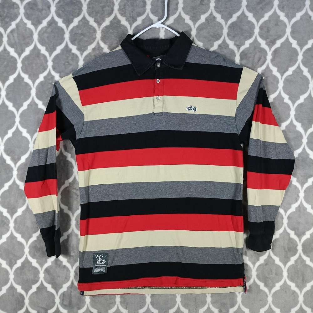 LRG Polo Shirt Mens Medium Multicolor Striped Long Sleeve Rugby Cotton - Picture 1 of 7
